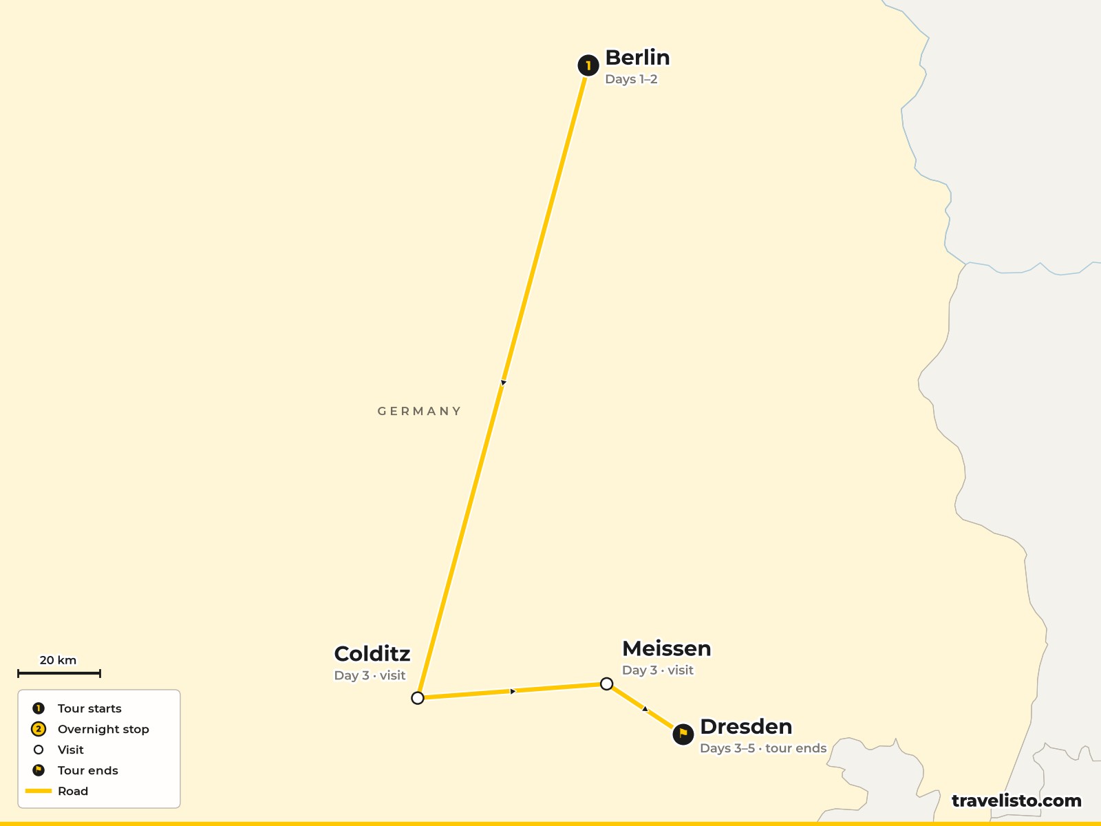 Map of the 5-day route from Berlin to Colditz, Meissen and Dresden