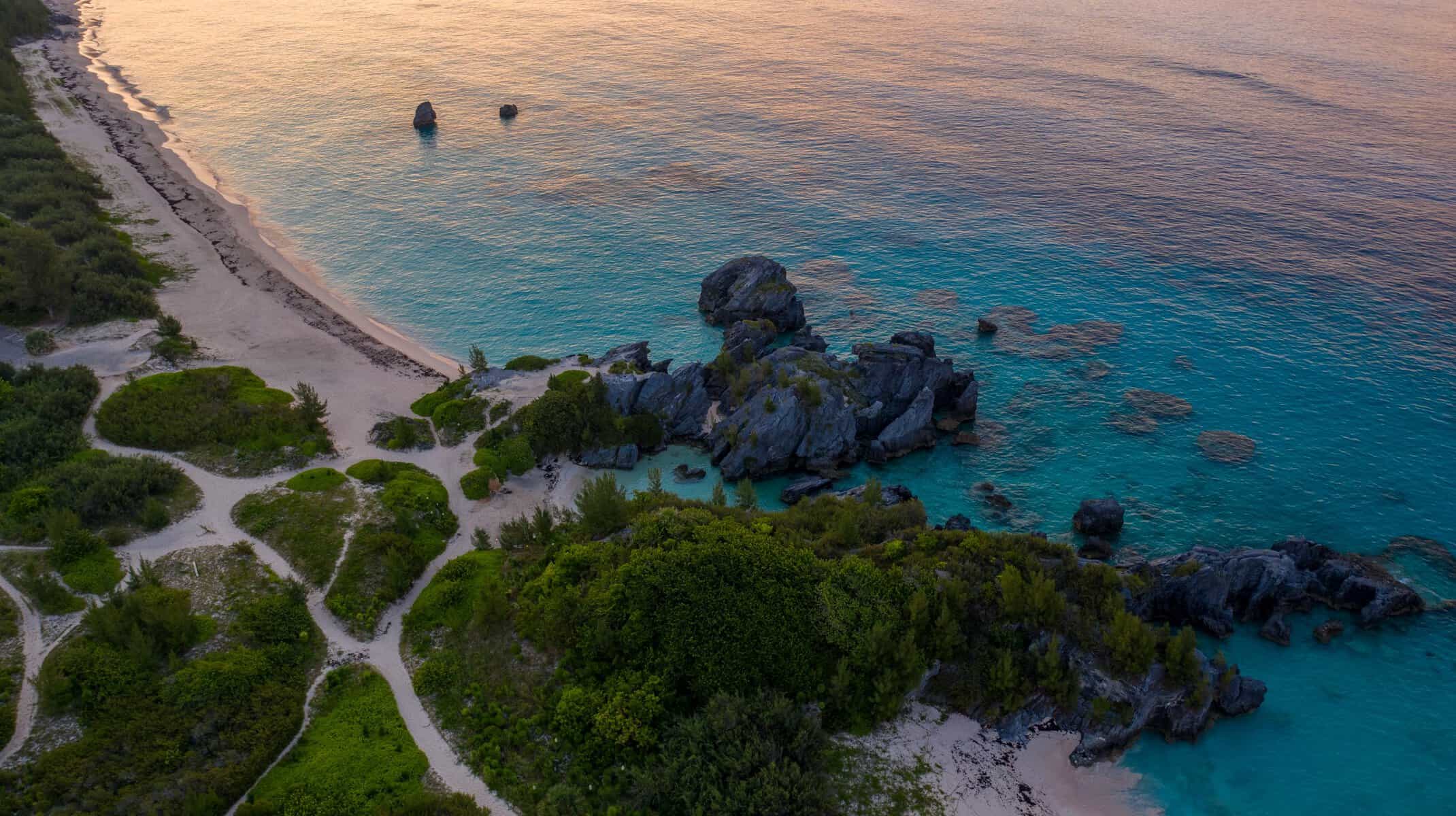 Bermuda's coastline from the air at sunset