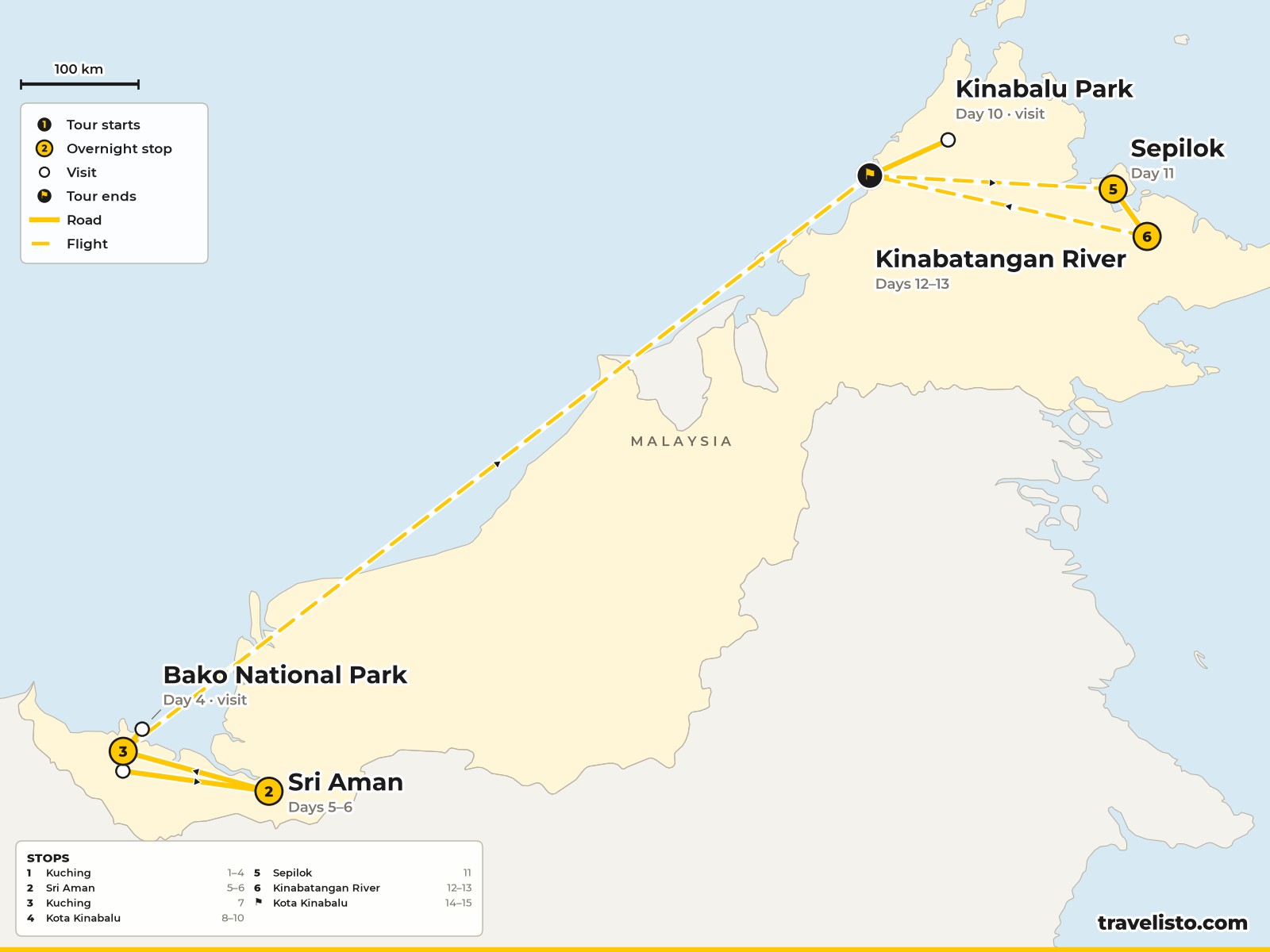 Map of the 16-day route from Kuching to Kota Kinabalu, Sepilok and the Kinabatangan