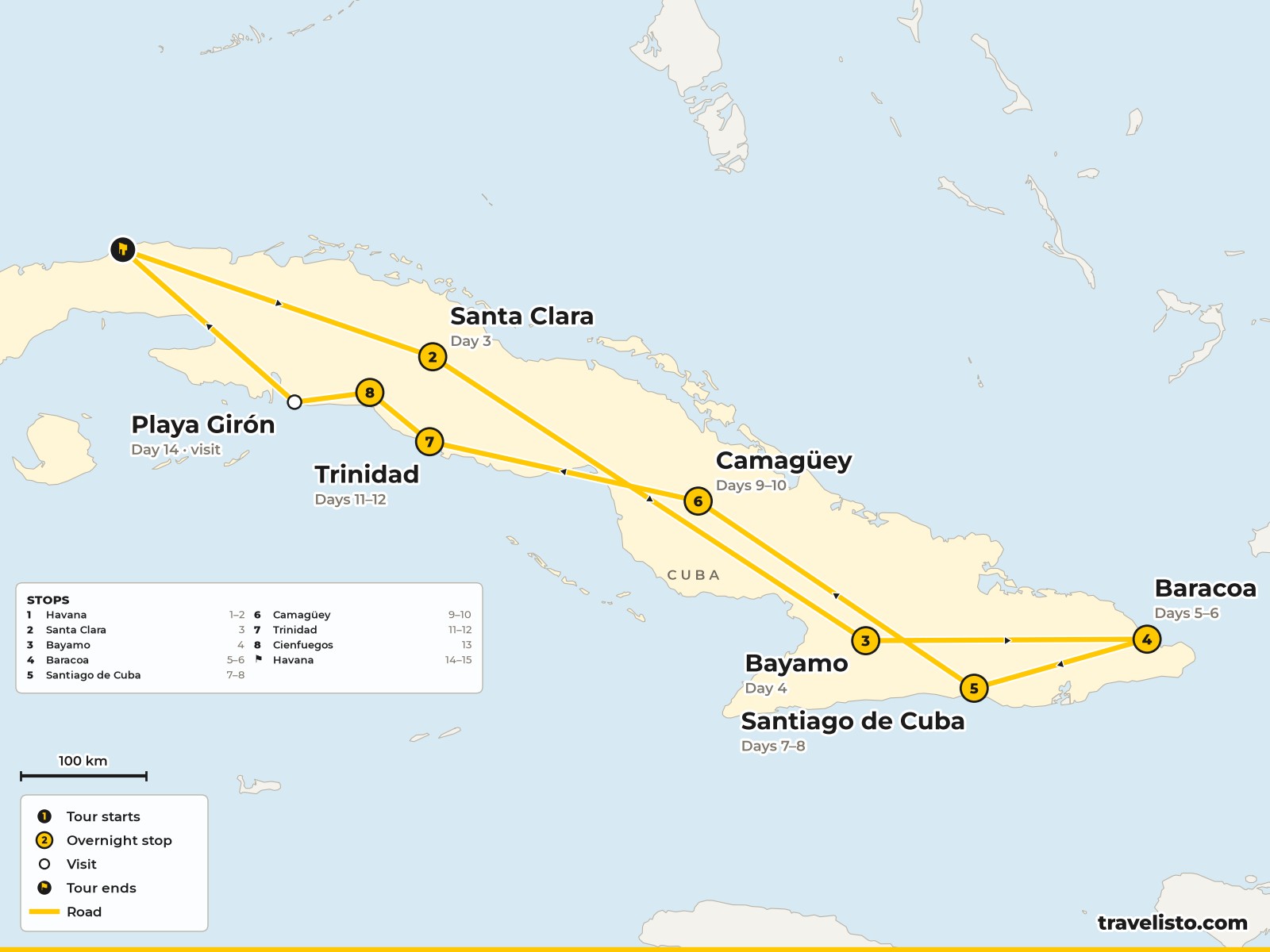 Map of the 15-day tour from Havana east via Santa Clara and Bayamo to Baracoa and Santiago de Cuba, then back via Camagüey, Trinidad and Cienfuegos