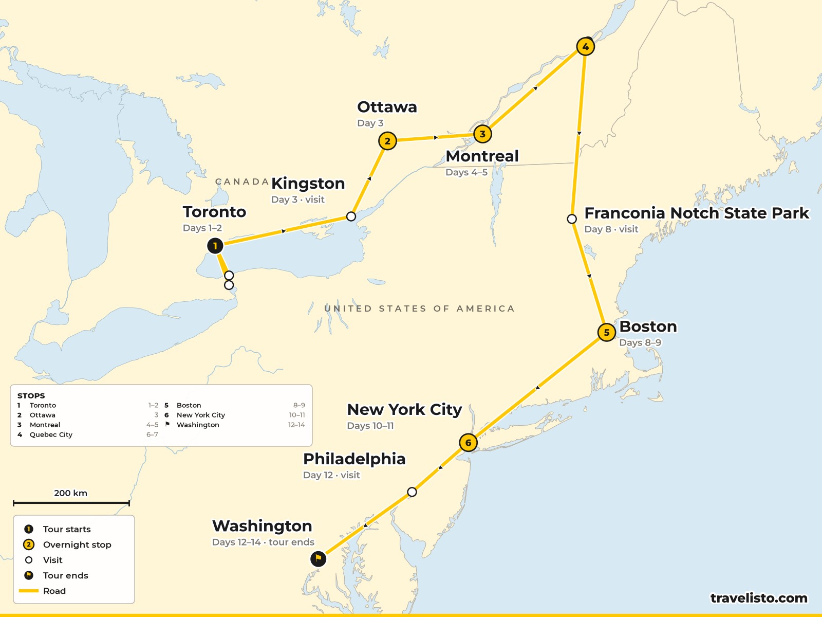 Map of the 14-day route from Toronto through Ottawa, Montreal and Quebec to Boston, New York and Washington