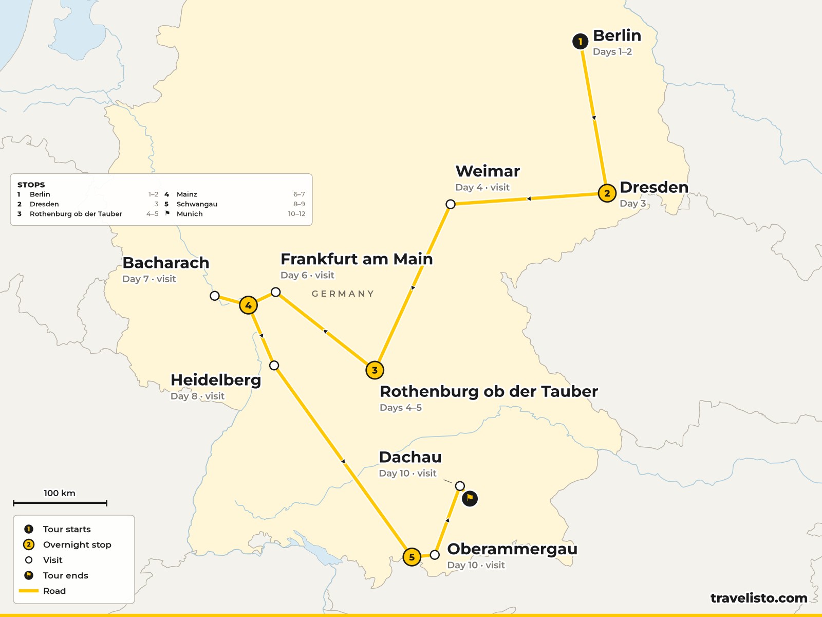 Map of the 12-day tour from Berlin to Dresden, Rothenburg, Mainz, Heidelberg, Schwangau and Munich