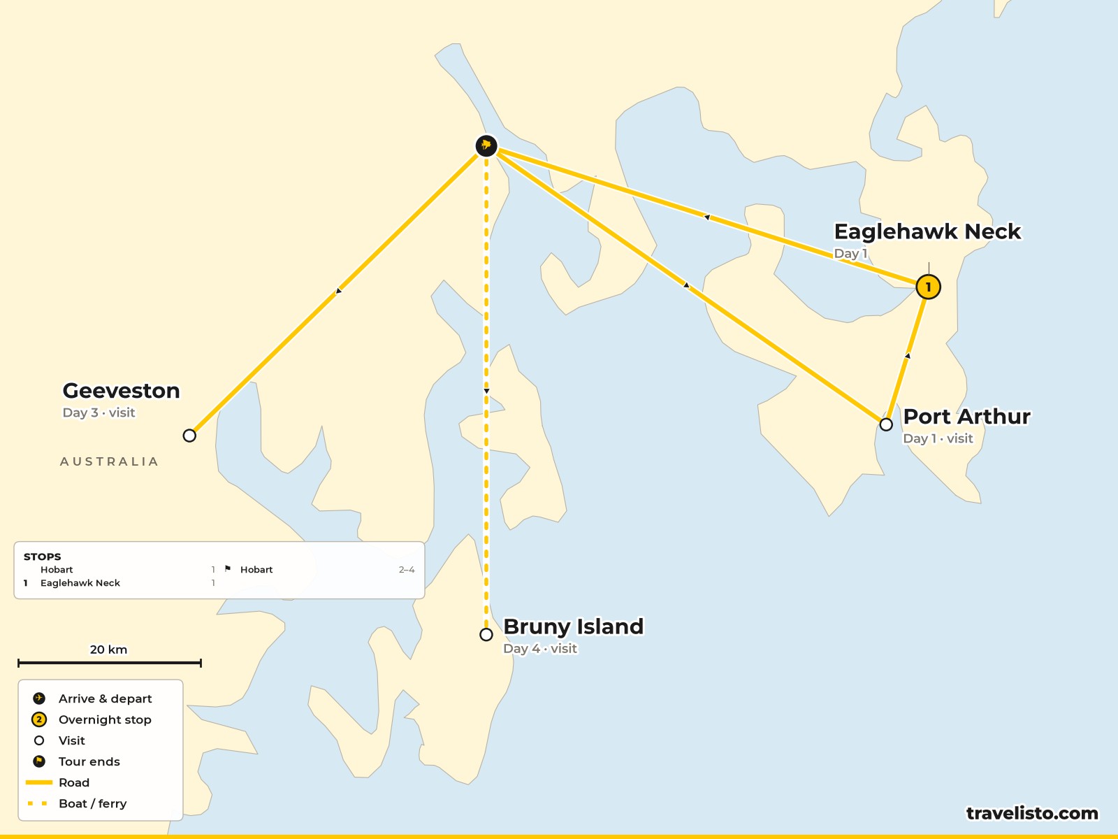 Map of the 4-day route from Hobart to Port Arthur, the Tasman Peninsula, Mount Wellington, the Hartz Mountains and Bruny Island