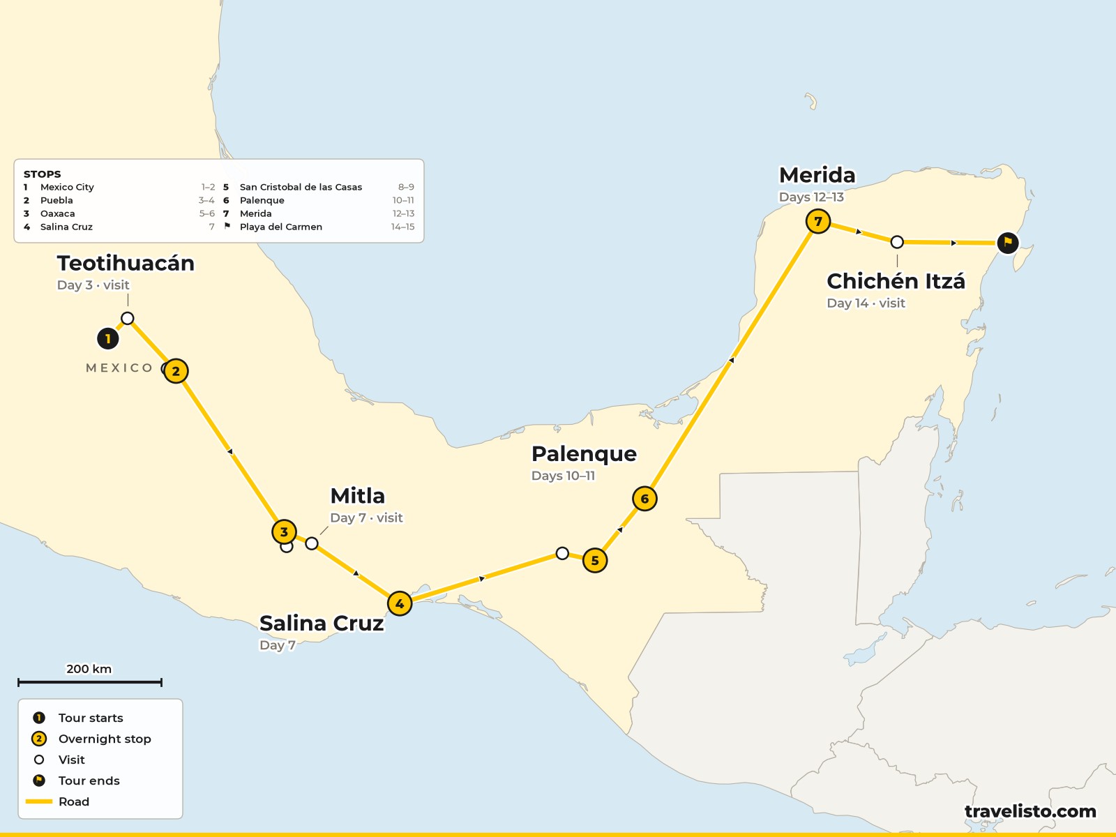 Map of the 15-day route from Mexico City to Puebla, Oaxaca, Salina Cruz, San Cristóbal, Palenque, Mérida and Playa del Carmen