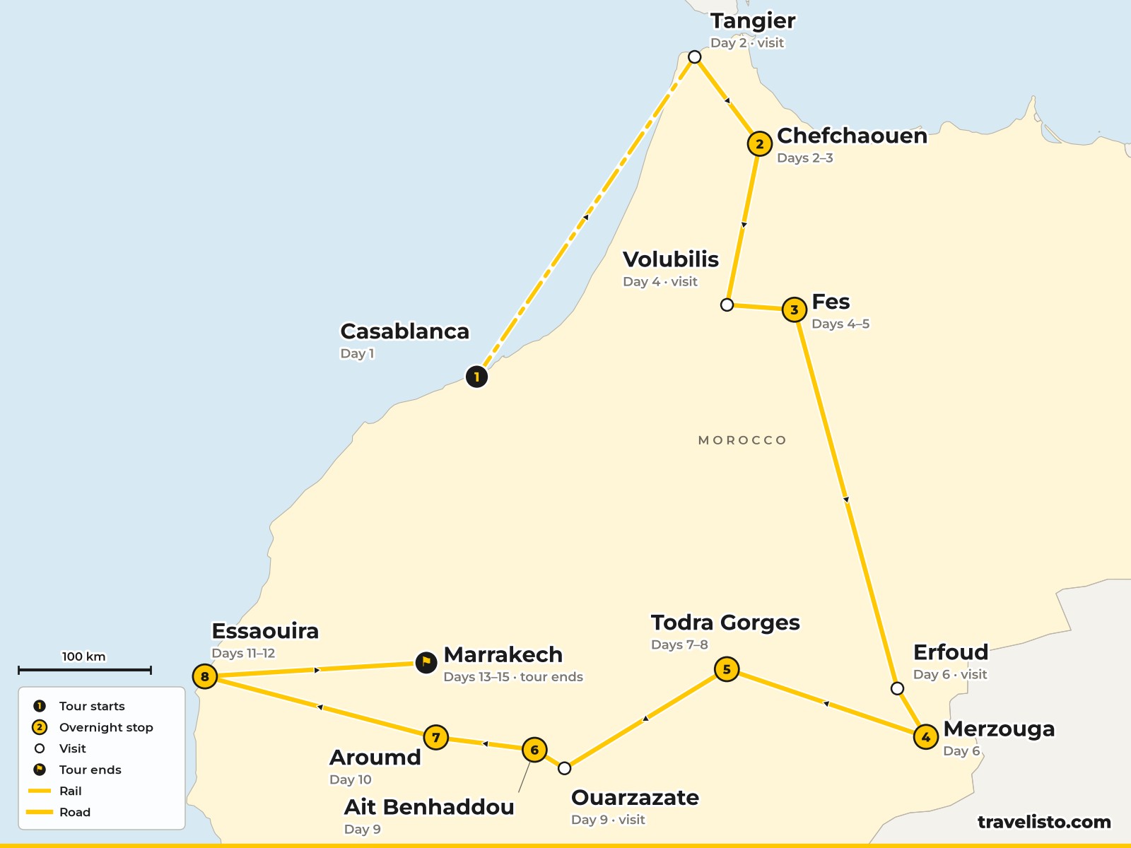 Map of the 15-day route from Casablanca to Chefchaouen, Fes, the Sahara, Todra Gorge, Ait Benhaddou, Aroumd, Essaouira and Marrakech