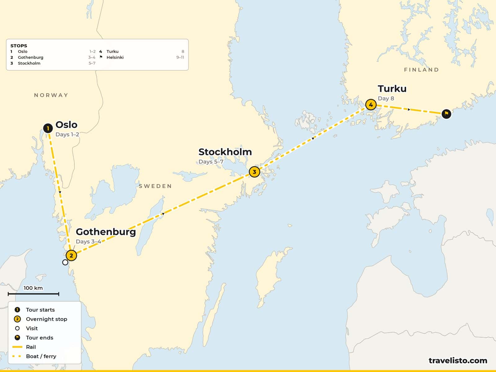 Map of the 11-day trip from Oslo by train to Gothenburg and Stockholm, by overnight ferry to Turku and by train to Helsinki