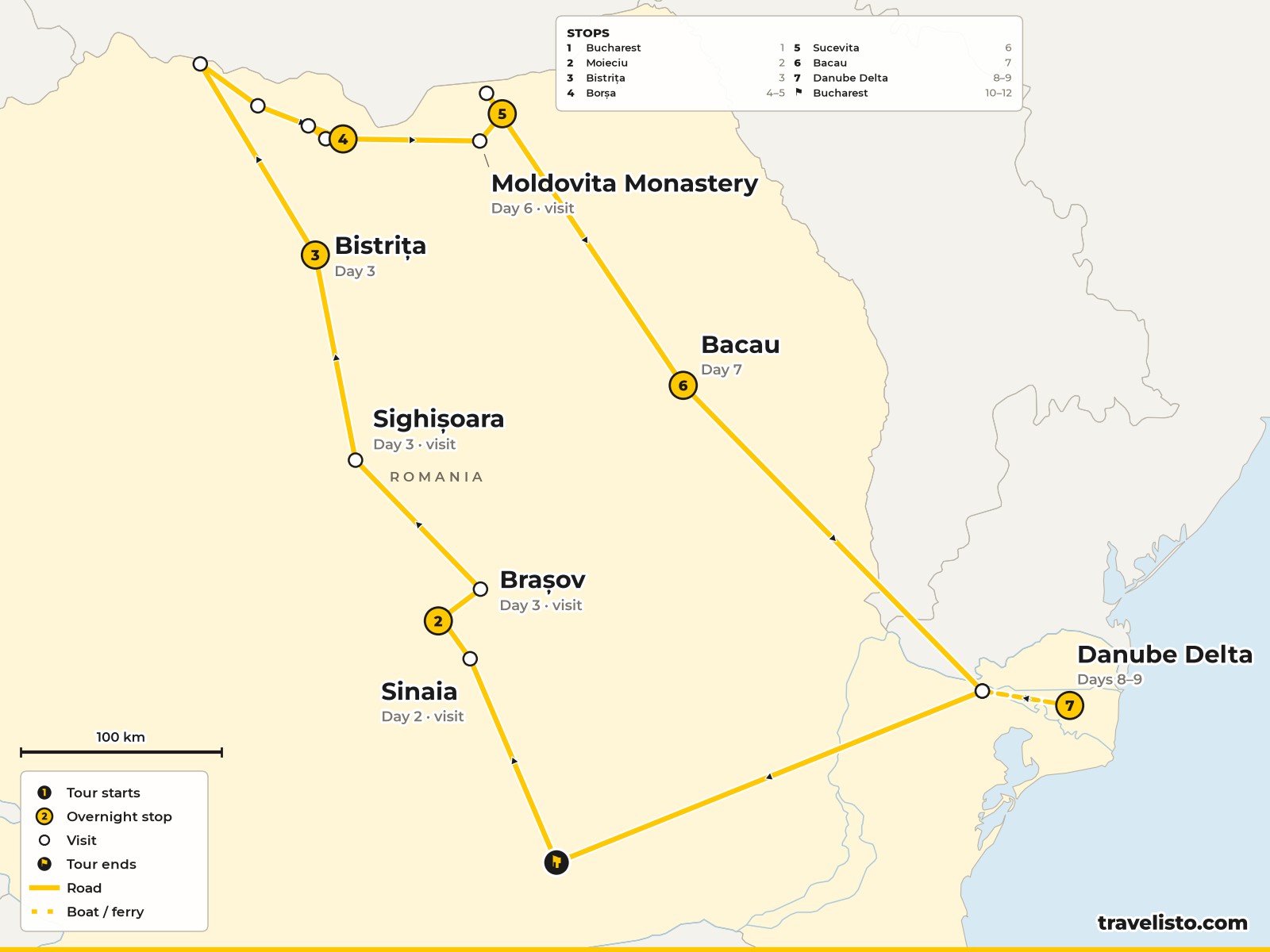 Map of the 12-day route from Bucharest through Transylvania, Maramures and Bucovina to the Danube Delta