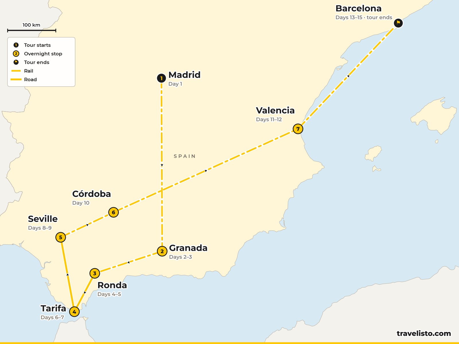 Map of the 15-day route from Madrid through Andalucía to Valencia and Barcelona