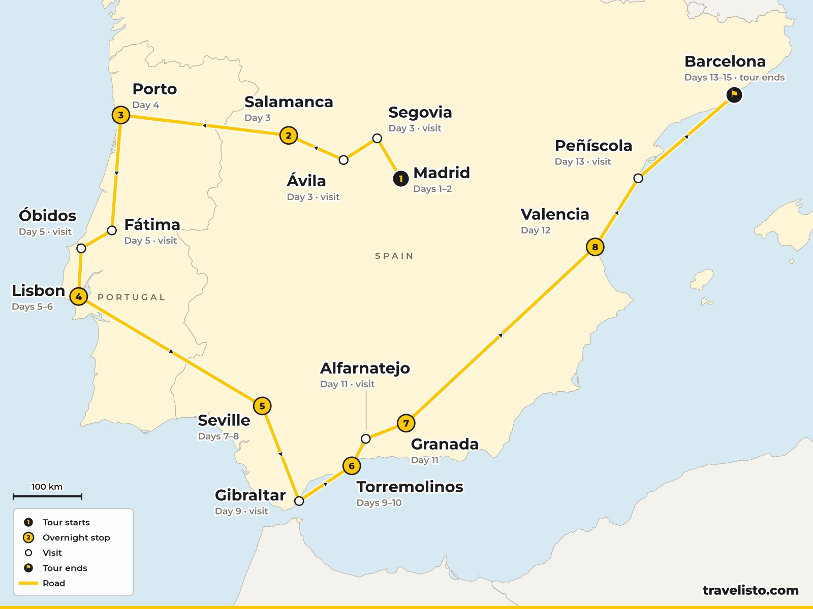 Map of the 15-day route from Madrid to Salamanca, Porto, Lisbon, Seville, Gibraltar, Granada, Valencia and Barcelona