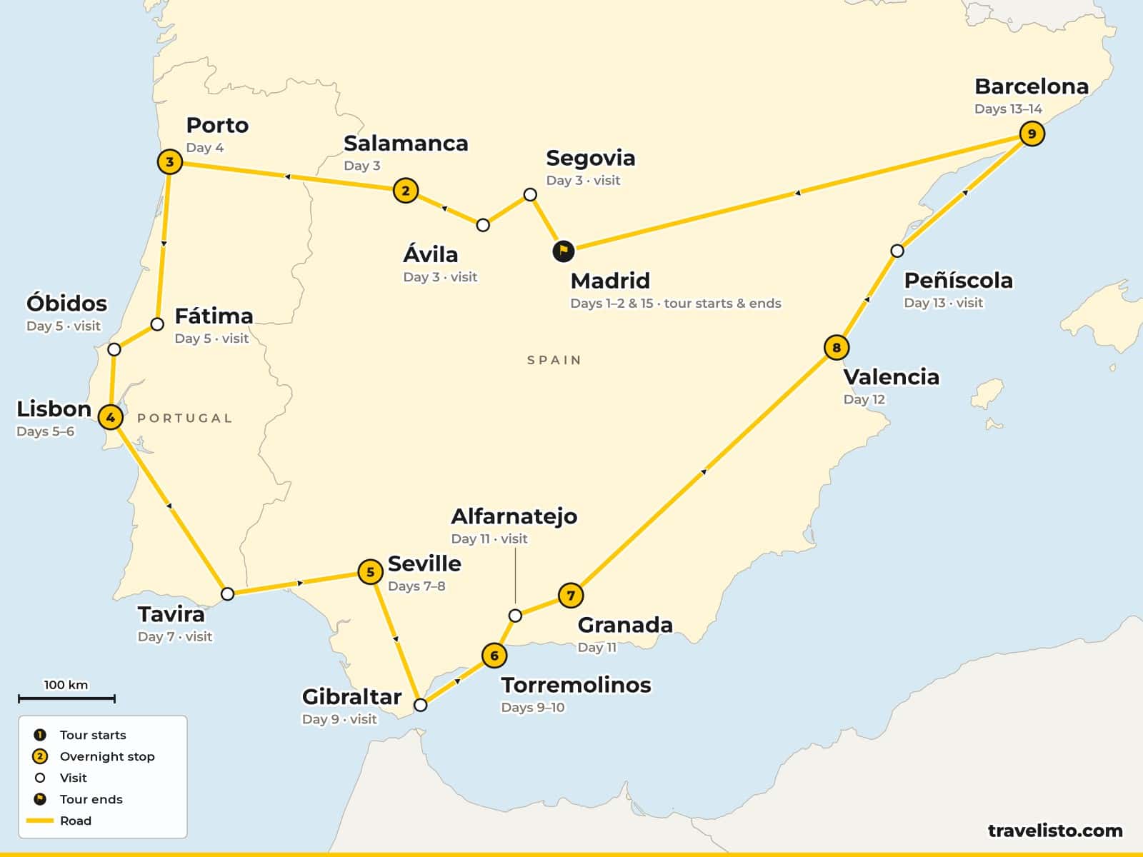 Map of the 15-day circle from Madrid to Salamanca, Porto, Lisbon, Seville, the Costa del Sol, Granada, Valencia and Barcelona