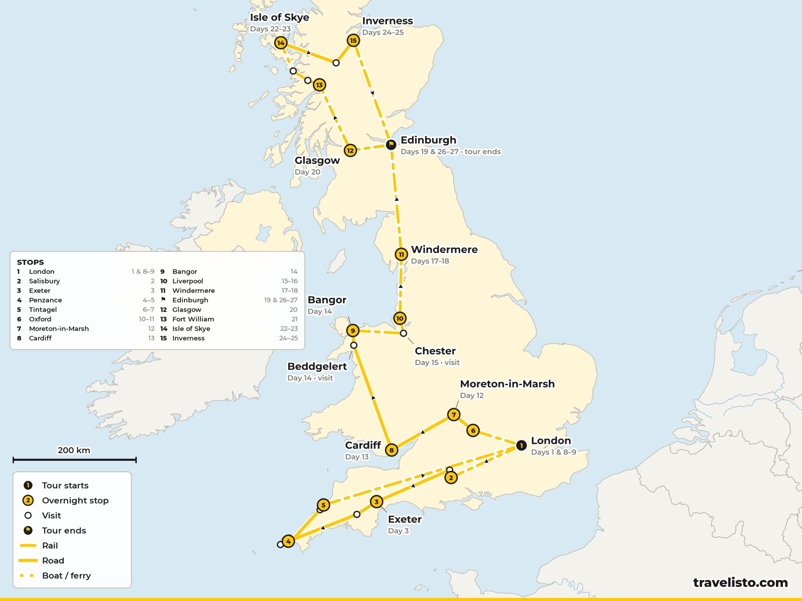 Map of the 27-day route from London to Cornwall, Oxford, Cardiff, Snowdonia, Liverpool, the Lake District, Glasgow, Skye, Inverness and Edinburgh