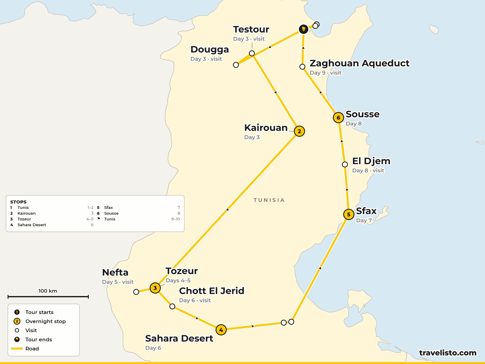 Map of the 10-day loop from Tunis to Kairouan, Tozeur, the Sahara, Matmata, El Jem, Sousse and back