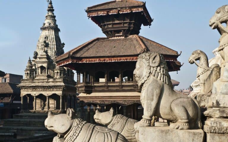 Temples and stone guardians in Bhaktapur, Nepal