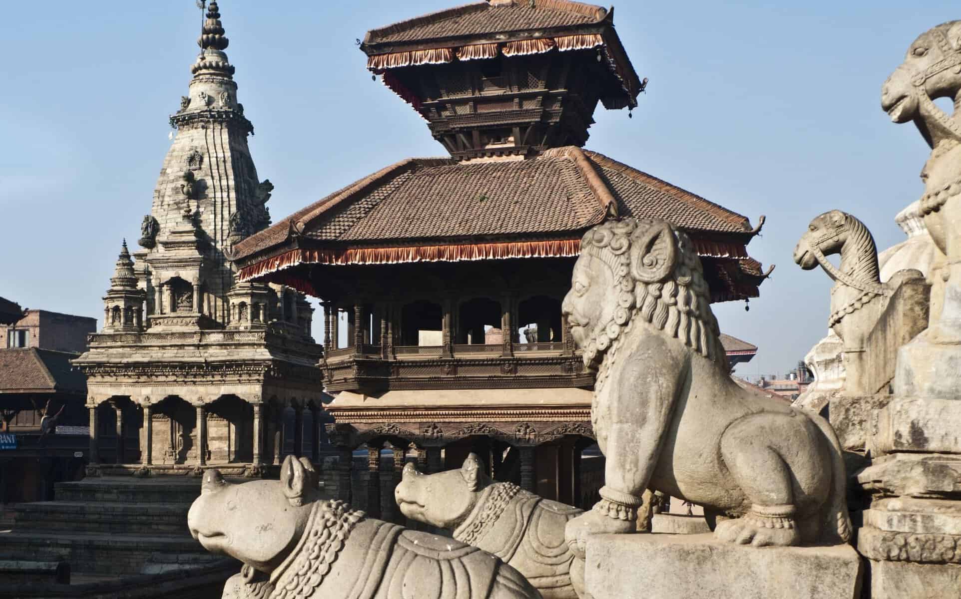 Temples and stone guardians in Bhaktapur, Nepal
