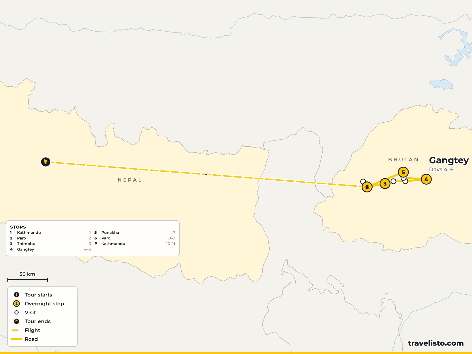Map of the 11-day route from Kathmandu to Paro, Thimphu, Gangtey, Punakha and back to Kathmandu