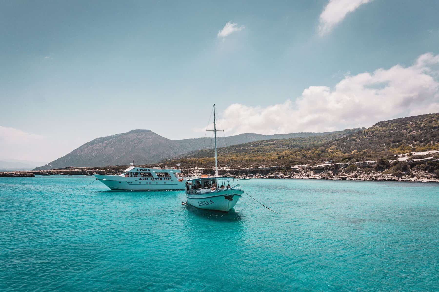 Boats on turquoise water near Neo Chorio, Cyprus
