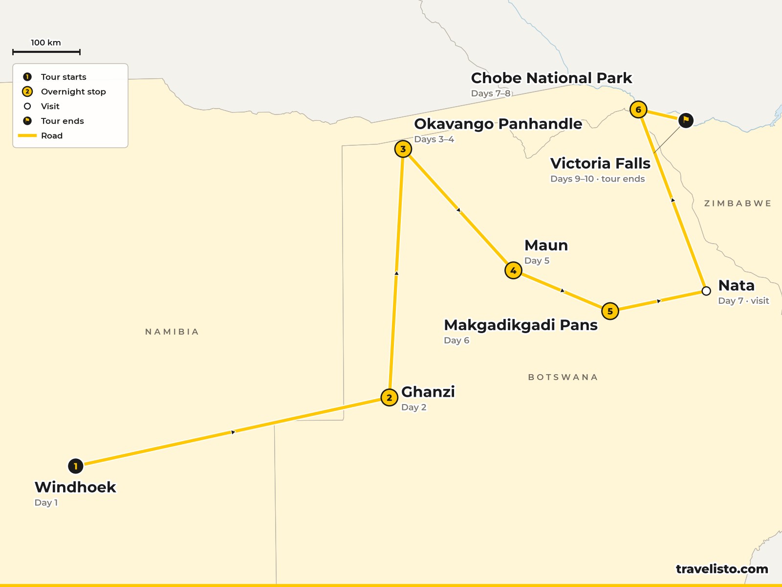 Map of the 10-day safari from Windhoek to Ghanzi, the Okavango Panhandle, Maun, the Makgadikgadi Pans, Chobe and Victoria Falls