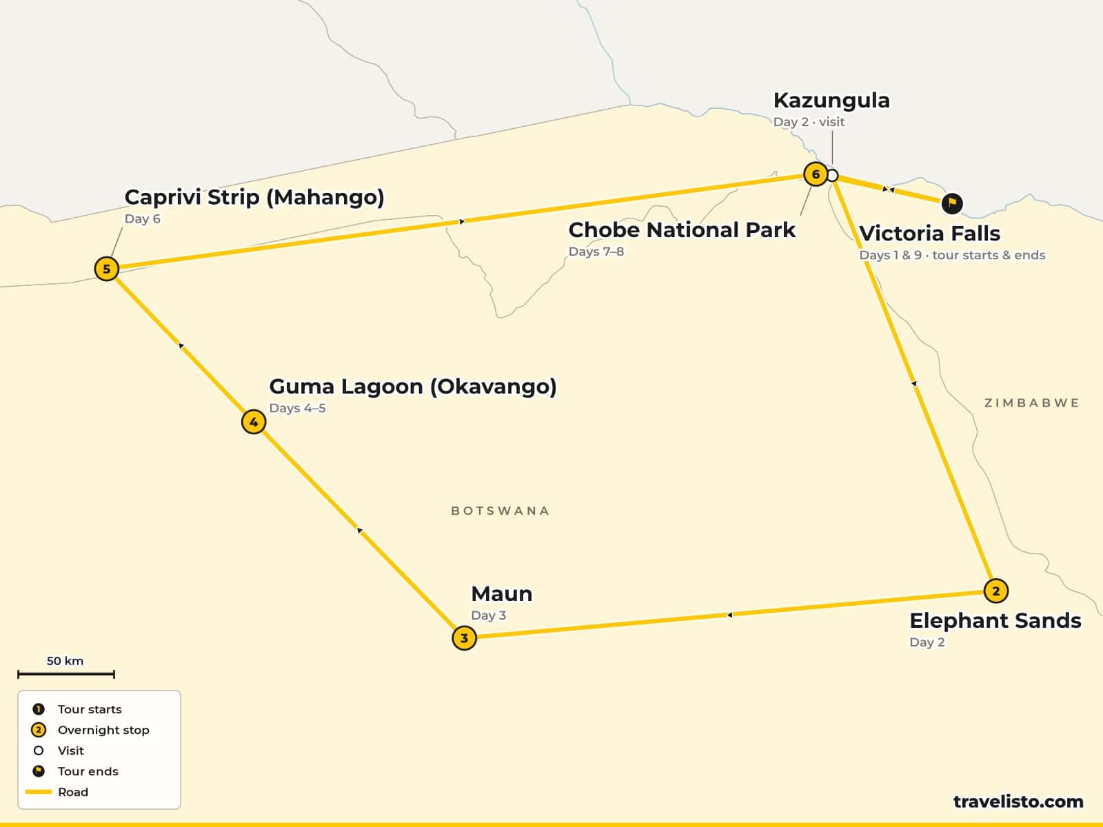 Map of the 9-day safari loop from Victoria Falls to Elephant Sands, Maun, the Okavango Delta, the Caprivi Strip and Chobe