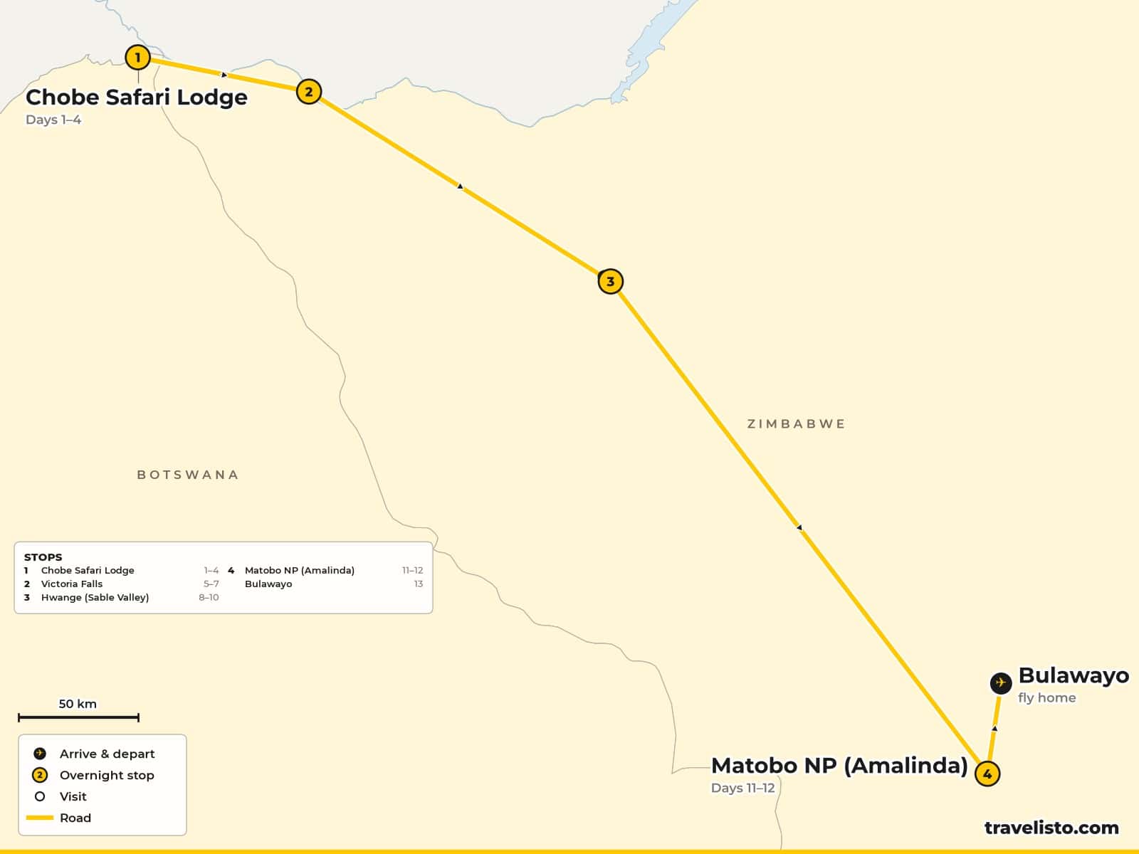 Map of the 14-day safari flying to Victoria Falls, then Chobe, Victoria Falls, Hwange and the Matobo Hills, flying home from Bulawayo