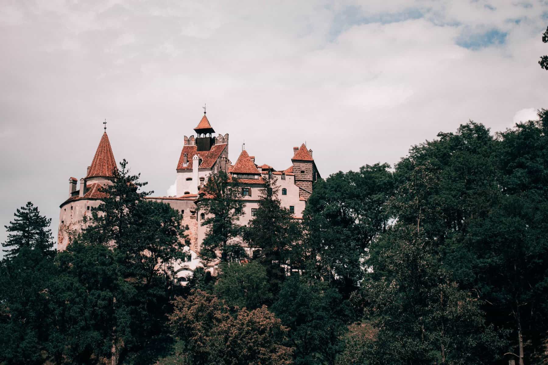 Bran Castle above the forest in Transylvania, Romania