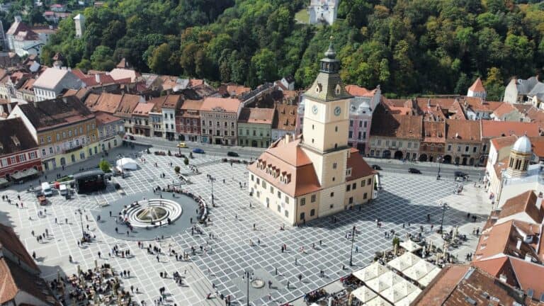 Aerial view of Council Square in Brașov, Romania