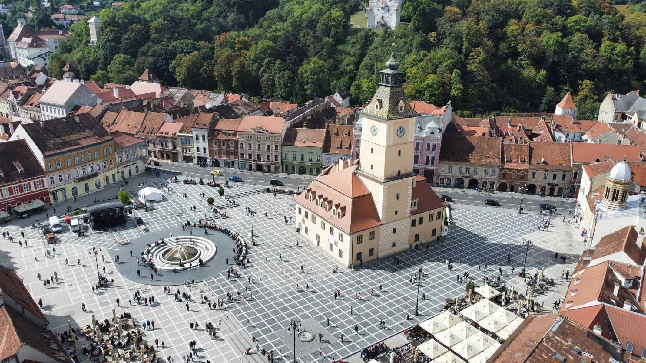 Aerial view of Council Square in Brașov, Romania