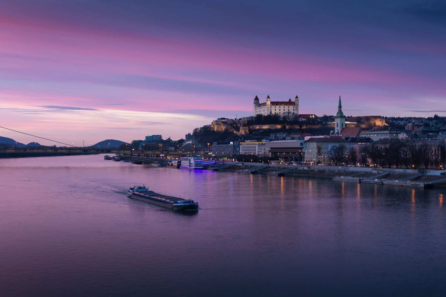 Bratislava Castle above the Danube at sunset, Slovakia