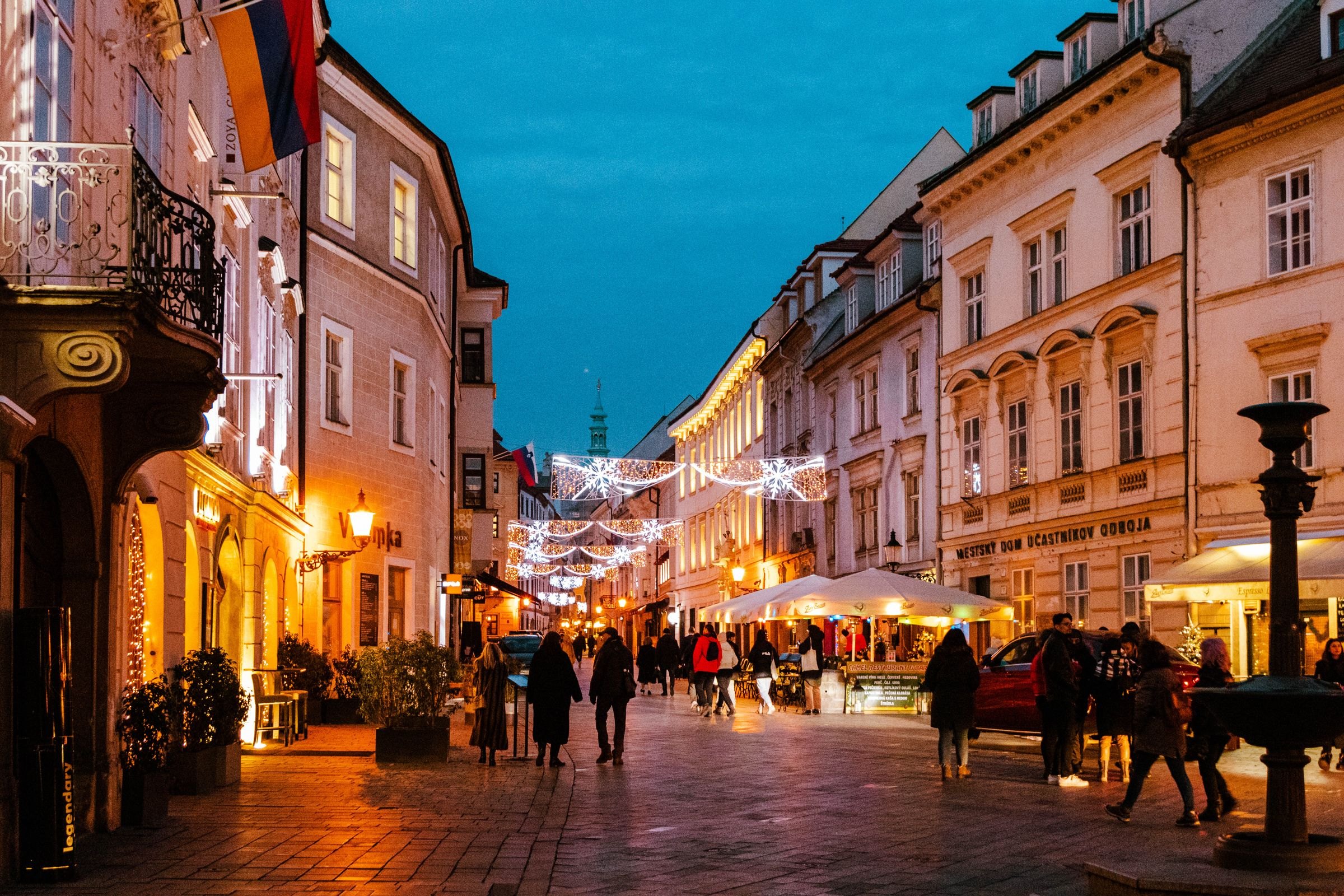 Bratislava's old town lit up in the evening