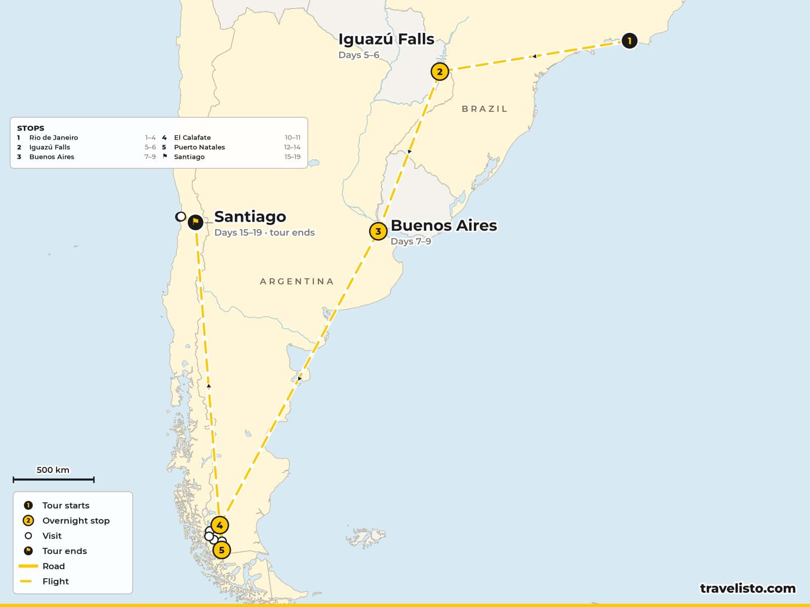 Map of the 19-day tour from Rio de Janeiro to Iguazú, Buenos Aires, El Calafate, Puerto Natales and Santiago