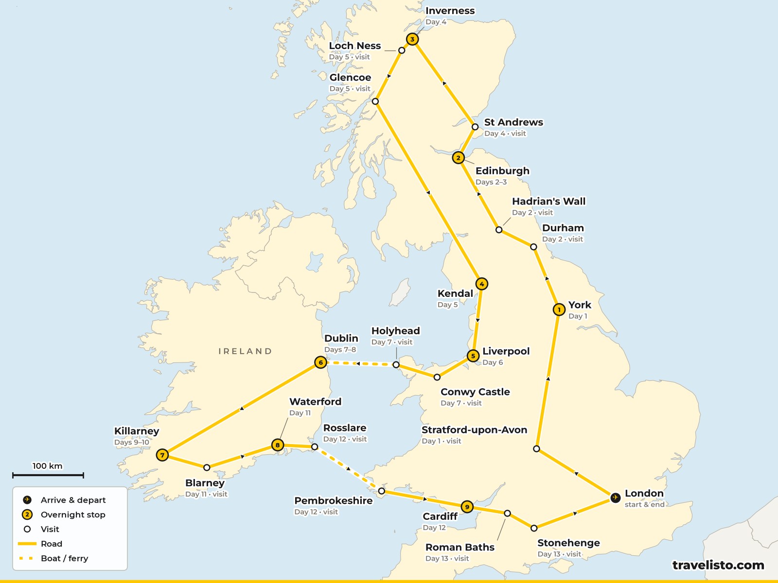 Map of the 13-day route round Britain and Ireland from London via Edinburgh, Dublin and Killarney