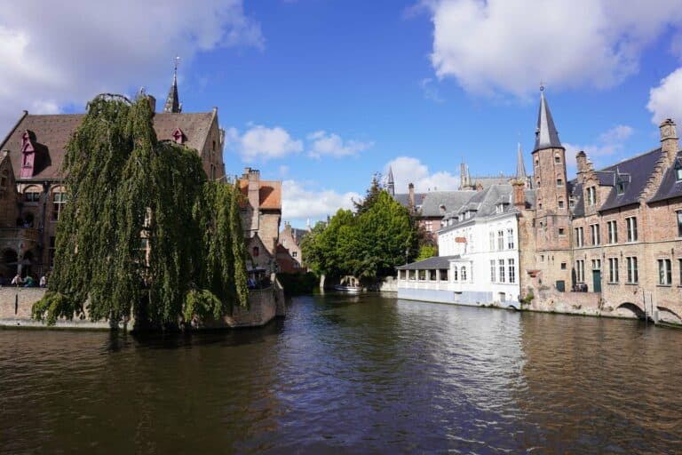 Medieval buildings along a canal in Bruges, Belgium