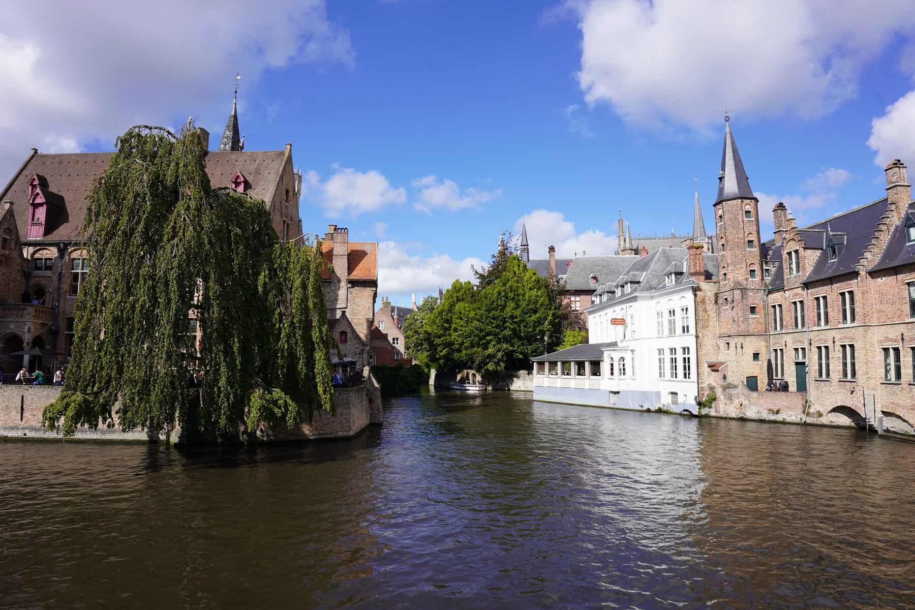 Medieval buildings along a canal in Bruges, Belgium