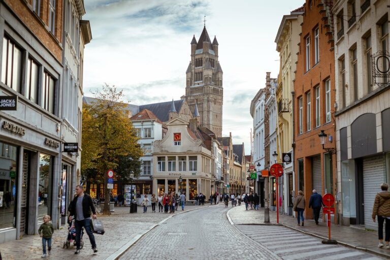 A cobbled street in Bruges below the belfry
