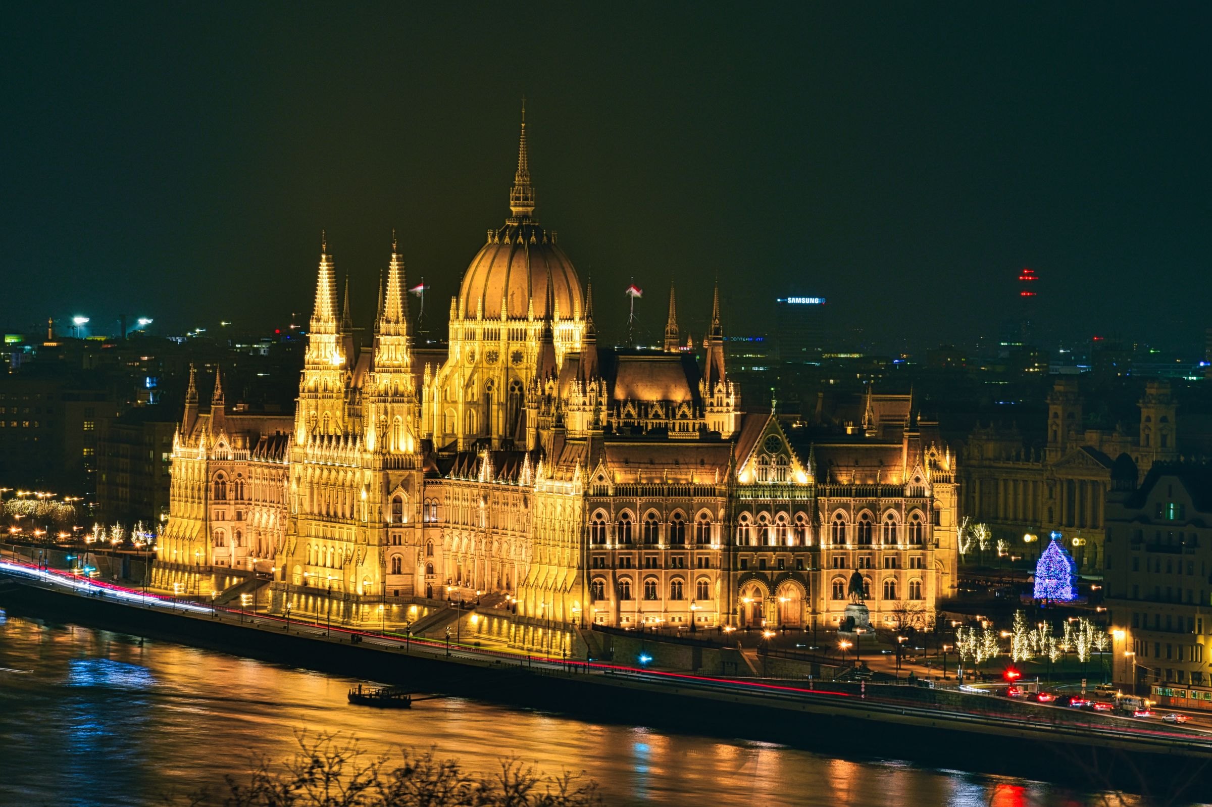 The Hungarian Parliament lit up at night