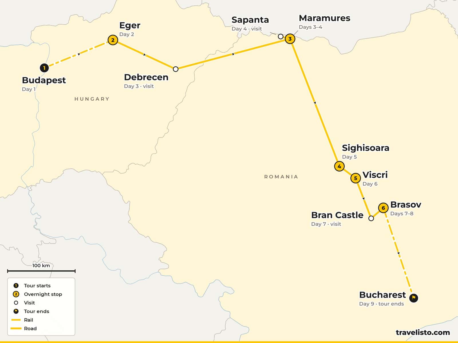Map of the 10-day trip from Budapest by train to Eger, through Debrecen to Maramureș, Sighișoara, Viscri, Bran and Brașov, and by train to Bucharest