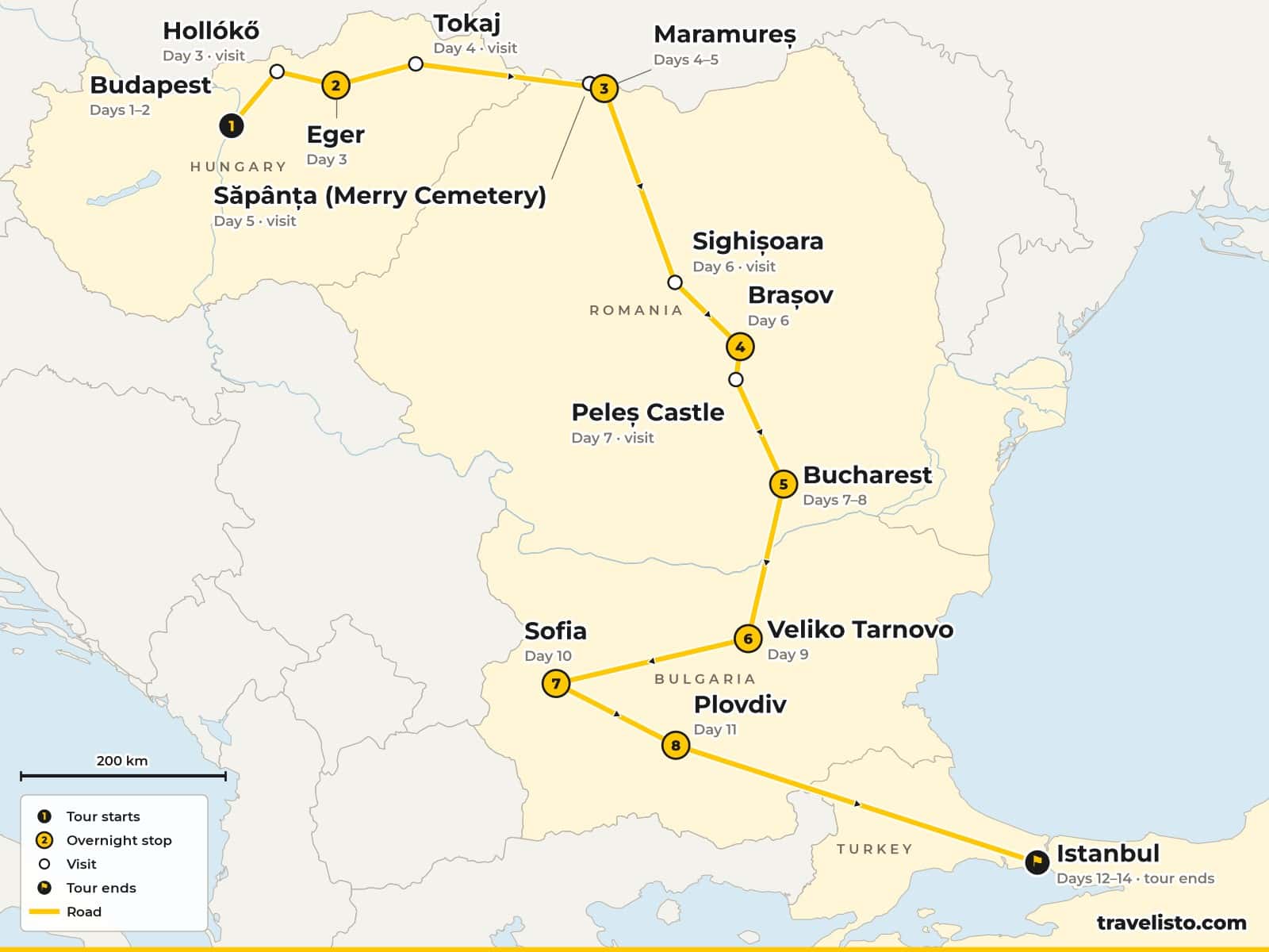 Map of the 14-day route from Budapest via Eger, Maramureș, Sighișoara, Brașov, Bucharest, Veliko Tarnovo, Sofia and Plovdiv to Istanbul