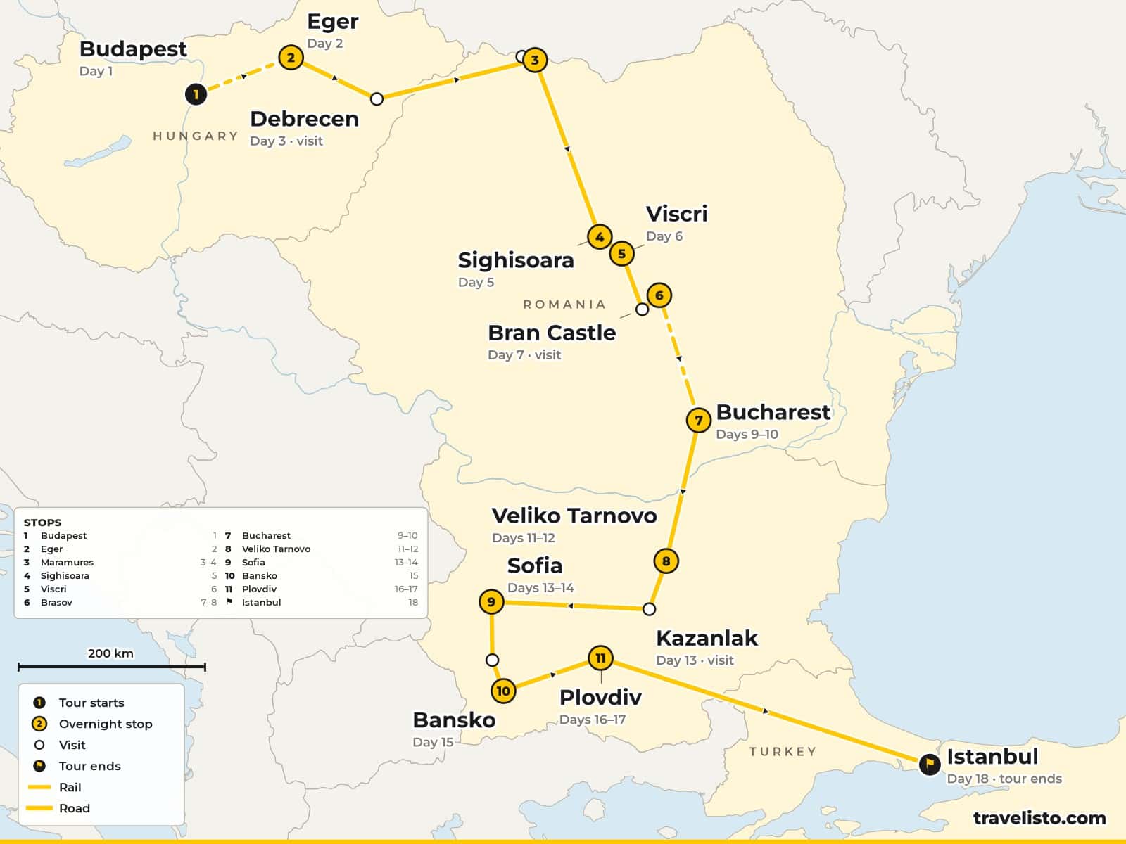 Map of the 19-day trip from Budapest through Eger, Maramureș, Transylvania and Bucharest, across Bulgaria via Veliko Tarnovo, Sofia, Rila, Bansko and Plovdiv to Istanbul