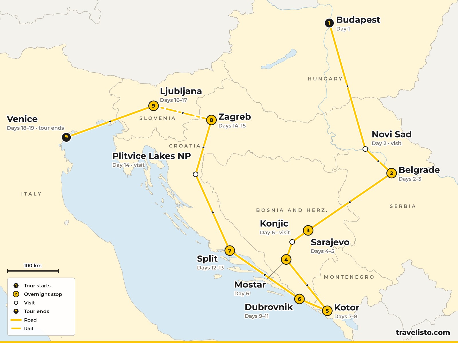 Map of the 19-day route from Budapest to Belgrade, Sarajevo, Mostar, Kotor, Dubrovnik, Split, Zagreb, Ljubljana and Venice