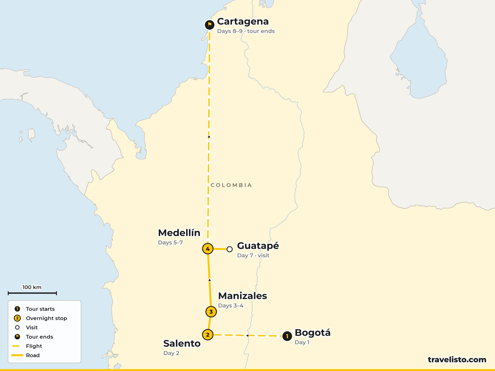 Map of the 9-day route from Bogotá to Salento, Manizales, Medellín and Cartagena