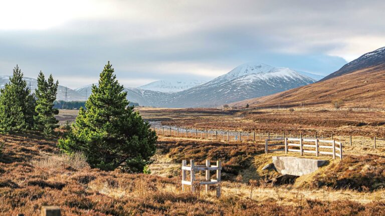 A Highland scene with snowy mountains in the Cairngorms