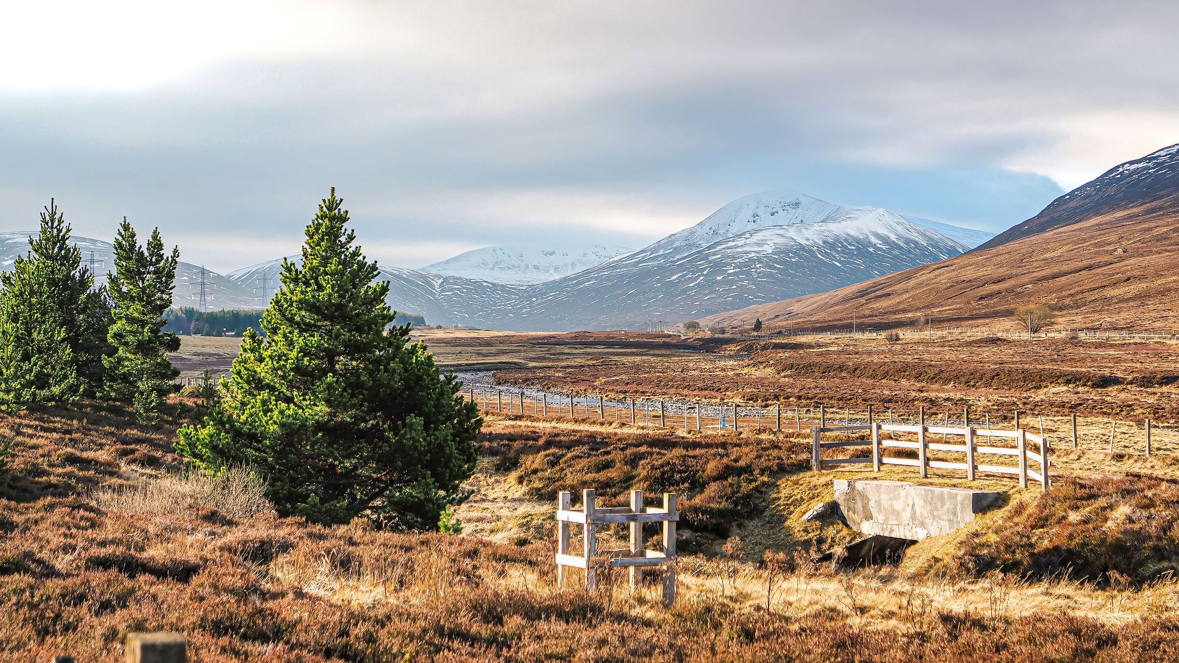 A Highland scene with snowy mountains in the Cairngorms