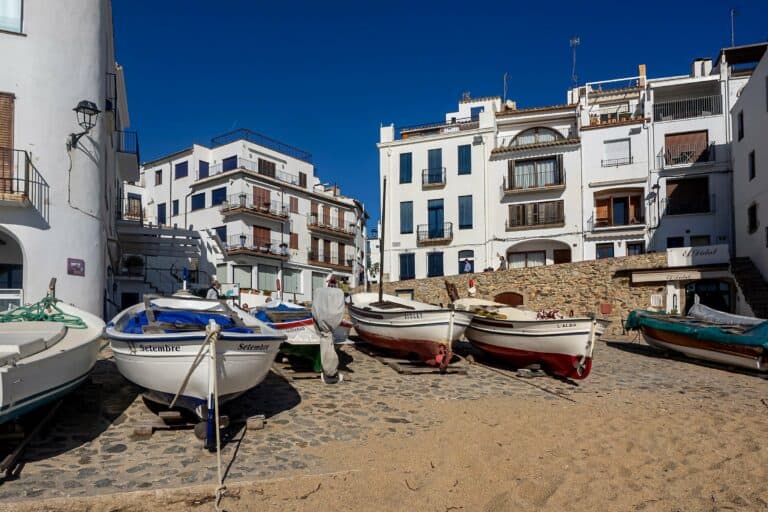 Fishing boats and white houses in Calella de Palafrugell, Catalonia