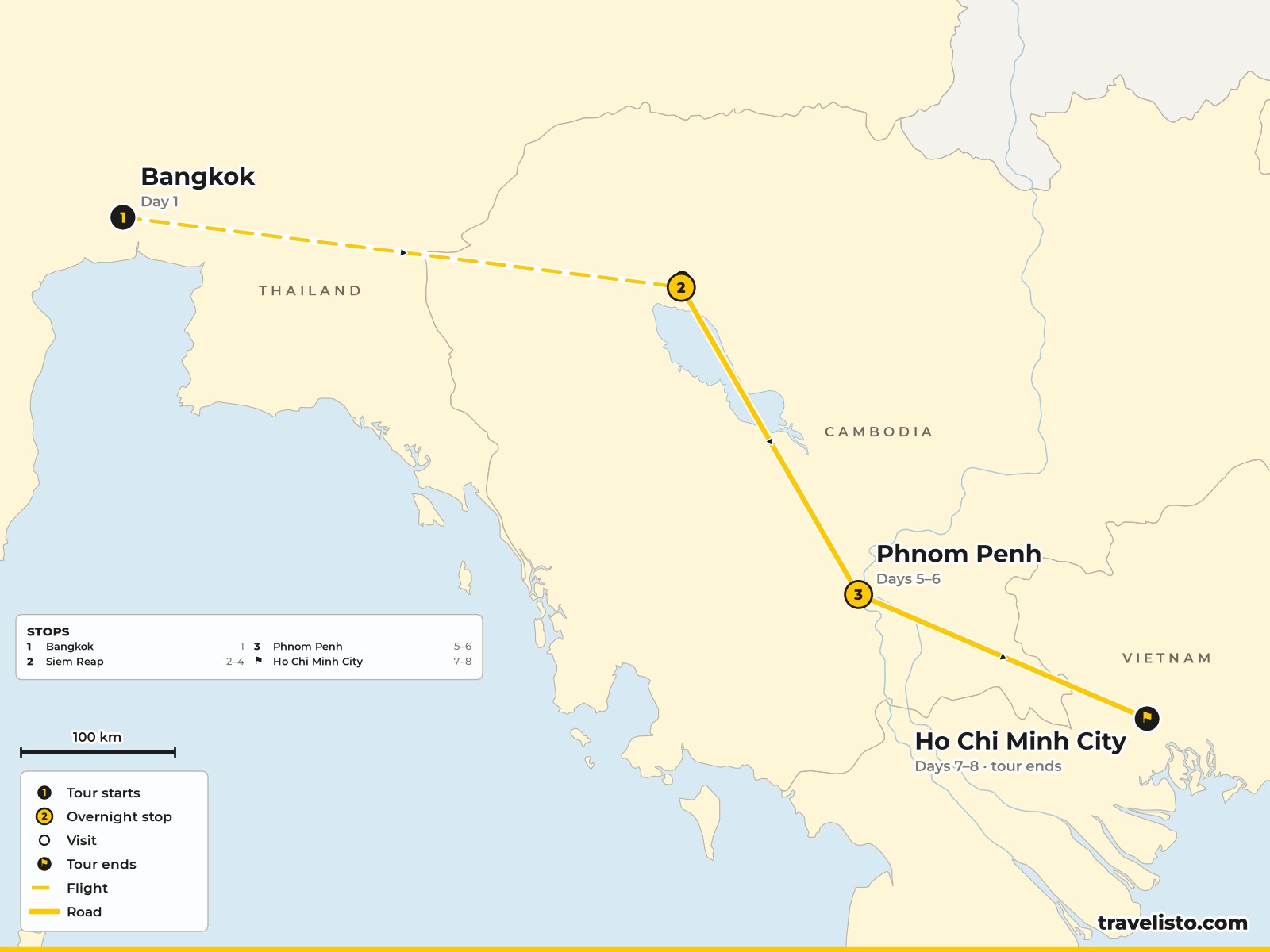Map of the 8-day route from Bangkok to Siem Reap, Phnom Penh and Ho Chi Minh City