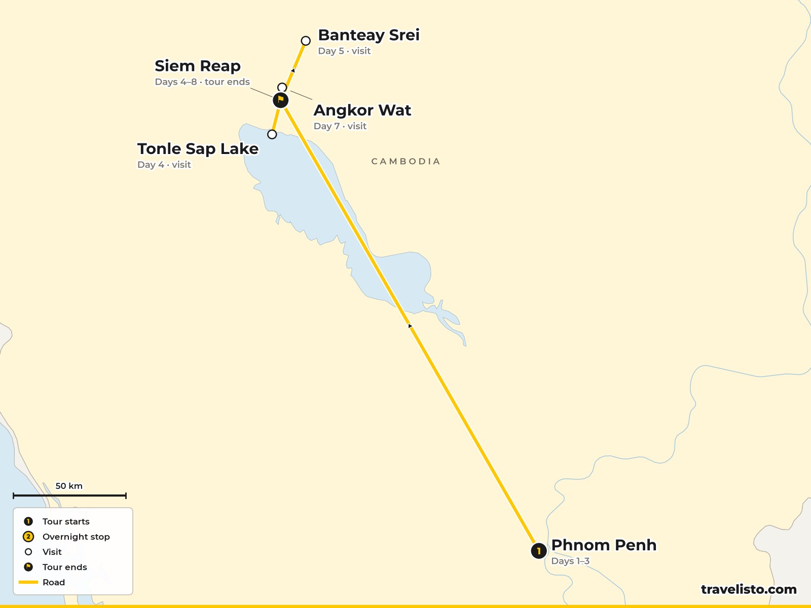 Map of the 8-day route from Phnom Penh across Tonle Sap to Siem Reap and Angkor