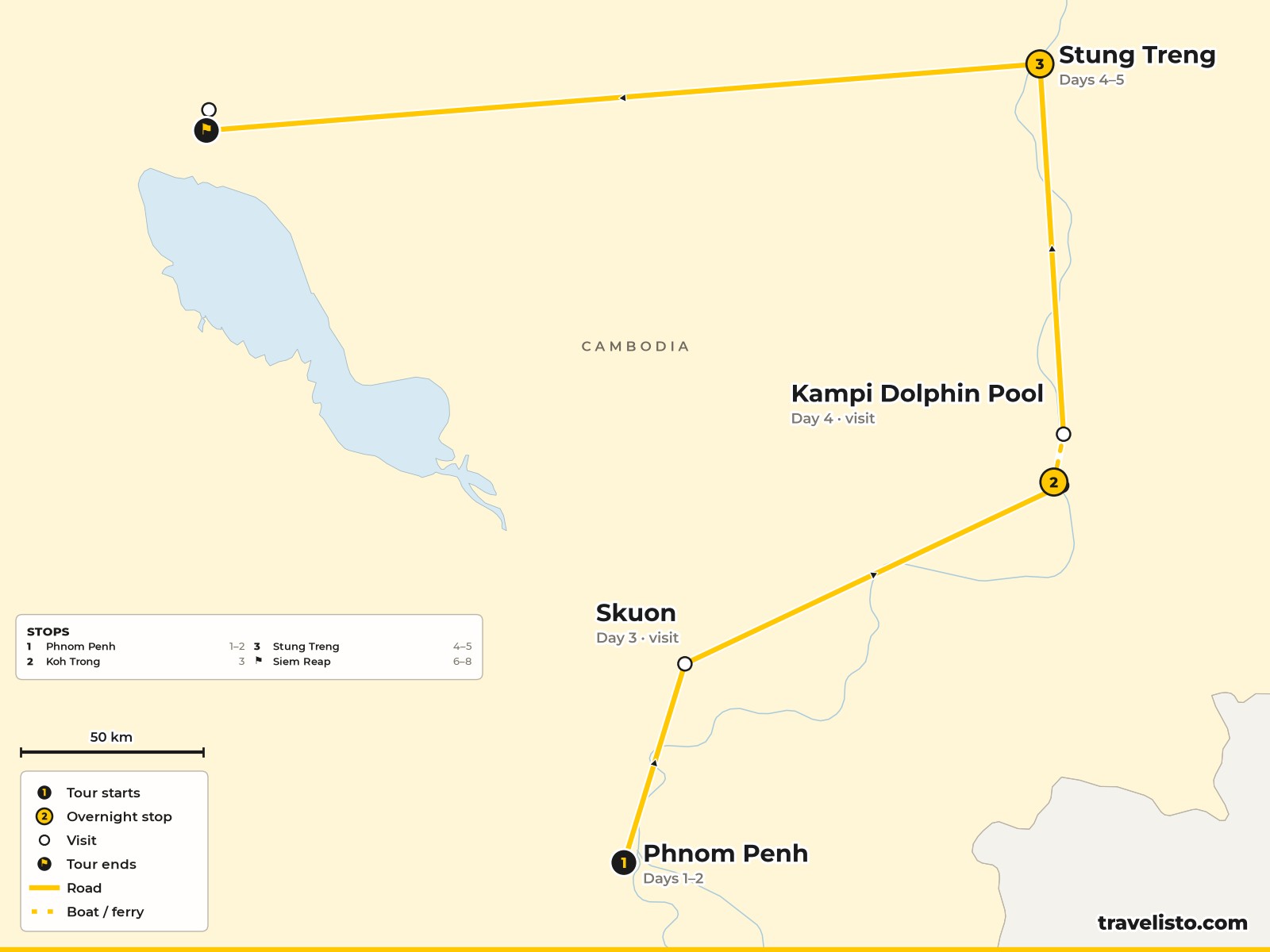 Map of the 8-day route from Phnom Penh to Kratie, Stung Treng and Siem Reap