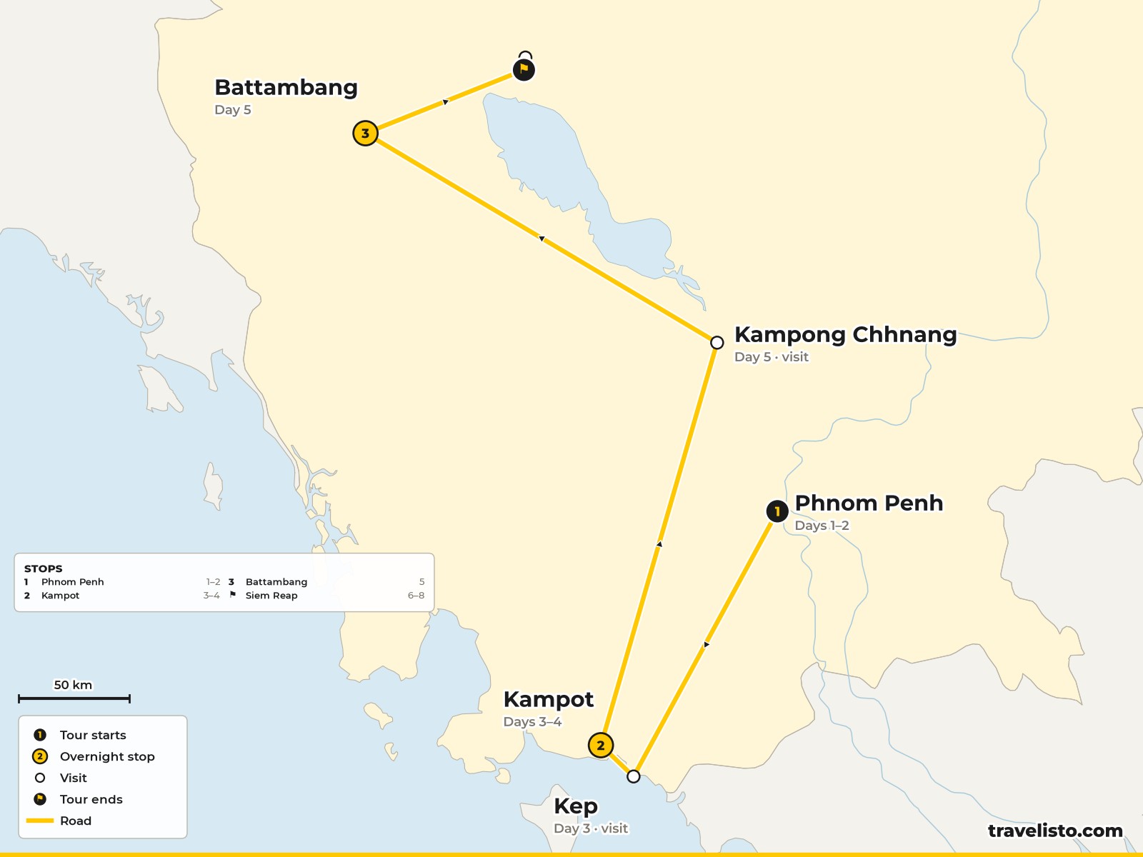 Map of the 8-day route from Phnom Penh to Kep, Kampot, Battambang and Siem Reap