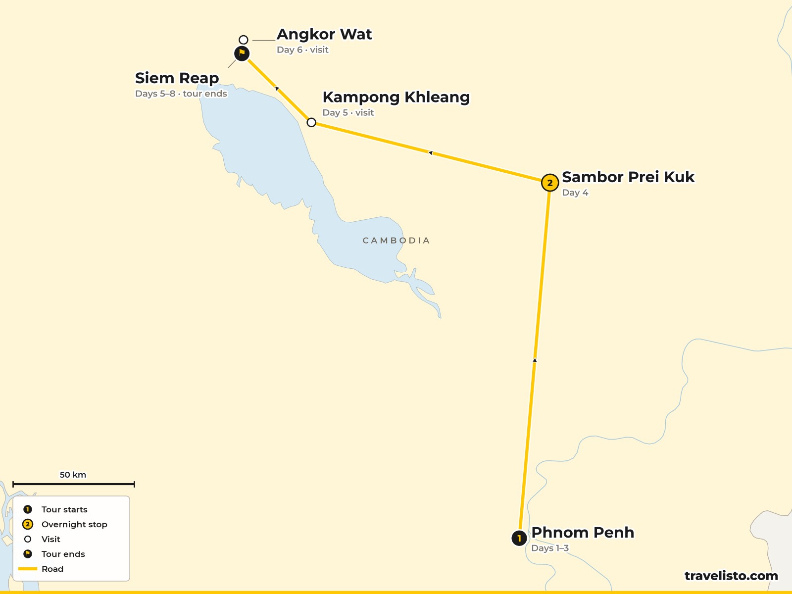 Map of the 8-day route from Phnom Penh to Sambor Prei Kuk, Kampong Khleang and Siem Reap