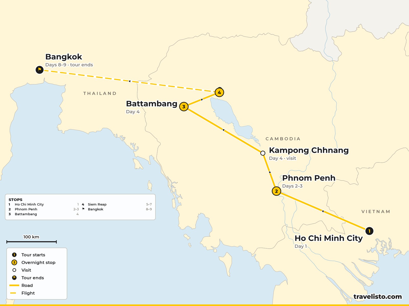 Map of the 9-day route from Ho Chi Minh City through Cambodia to Siem Reap and Bangkok