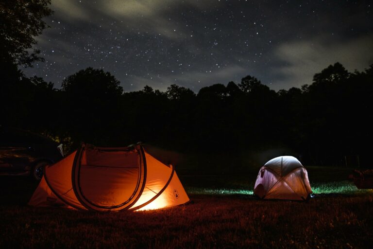 Tents glowing under a starry sky