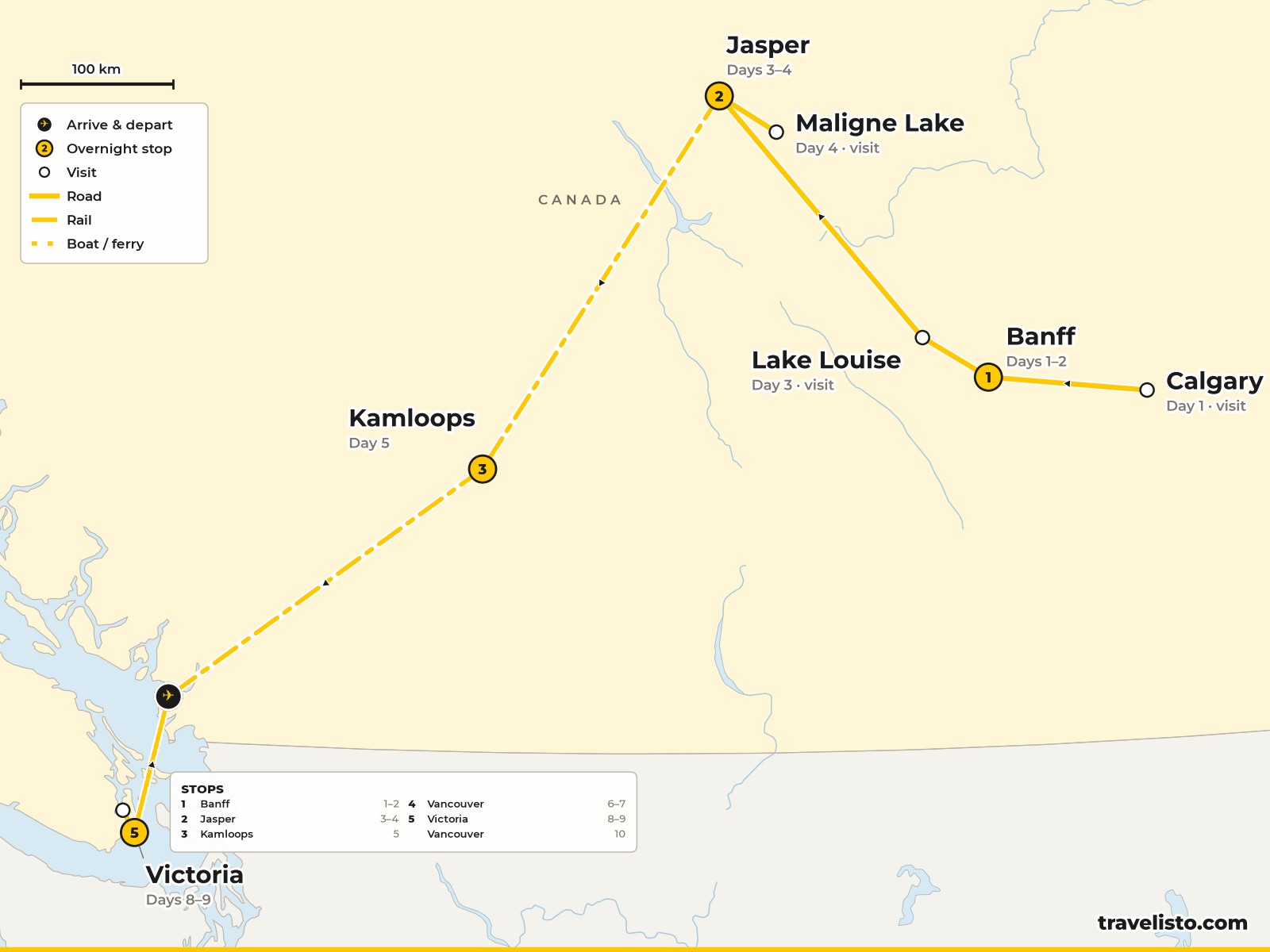 Map of the 11-day route from Calgary to Banff, Jasper, Kamloops, Vancouver and Victoria